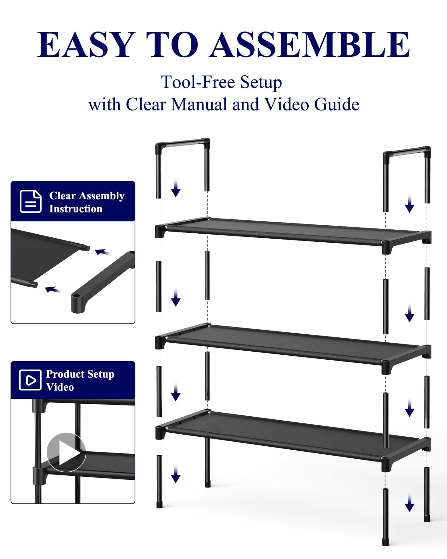 Kitsure Shoe Rack - 3-Tier Shoe Organizer, Shoe Rack for Closet, Entryway, Bedroom, Easy- Assembly Storage Shelf with Side Handles, 27.6" Wide - 3 Tiers, Black