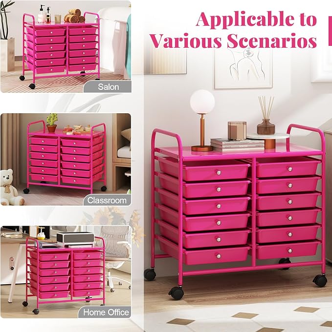 COSTWAY 12-Drawer Rolling Storage Cart, Utility Storage Organizer Cart for Tools, Scrapbook, Paper, Craft, Multipurpose Art Supply Organizer on Wheels for Home Office School, Teacher, Hot Pink