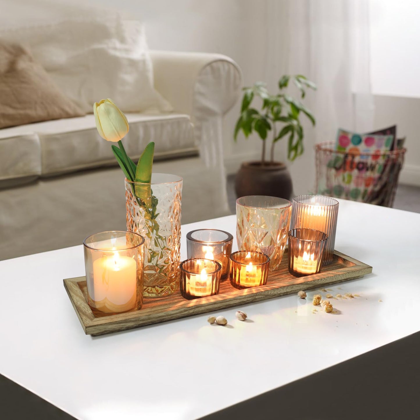 Rustic Wooden Tray with 8 Brown Glass Votive Candle Holders, Decorative Tea Light Holder Set for Mantel, Centerpiece, Dining Table Centerpiece Set, and Home Decor(Set of 8 Pieces)