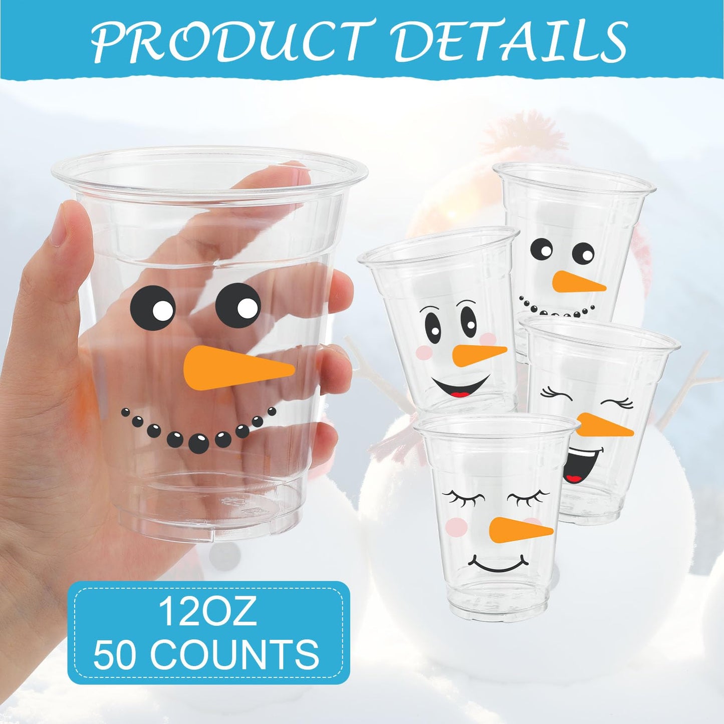ABURRORI 50 Pcs 12OZ Snowman Plastic cups, Winter Merry Christmas Decorations Snowman Printed Plastic Cups Juice Soda Beverage Party Favors For Xmas Holiday Themed Decorations Supplies
