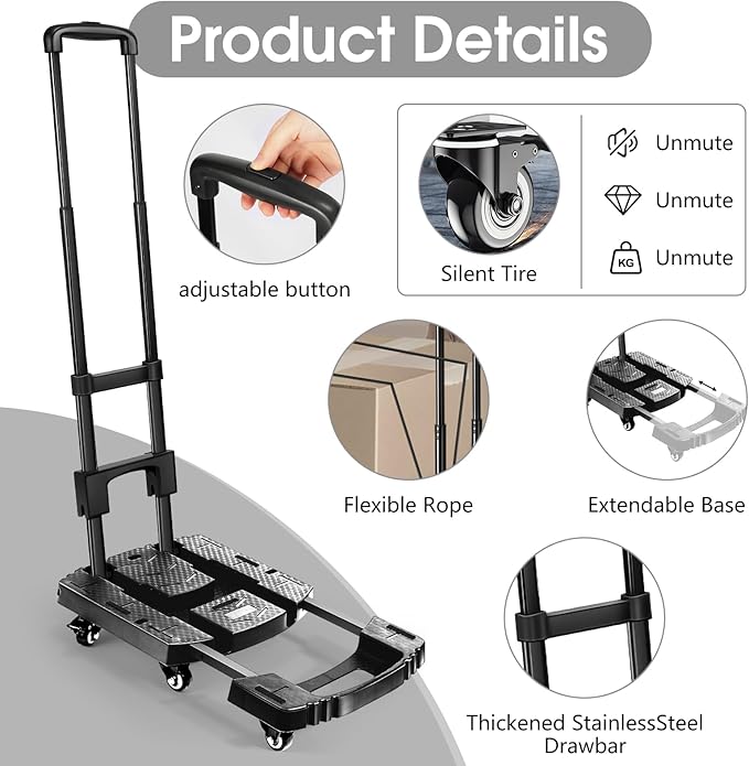 Voipvvii Folding Hand Truck 500lbs, Portable Heavy Duty Dolly Cart, 6 Wheels Collapsible Luggage Cart with 2 Elastic Ropes - Compact Trolley Cart for Easy Moving - Ideal Hand Cart for Travel and More