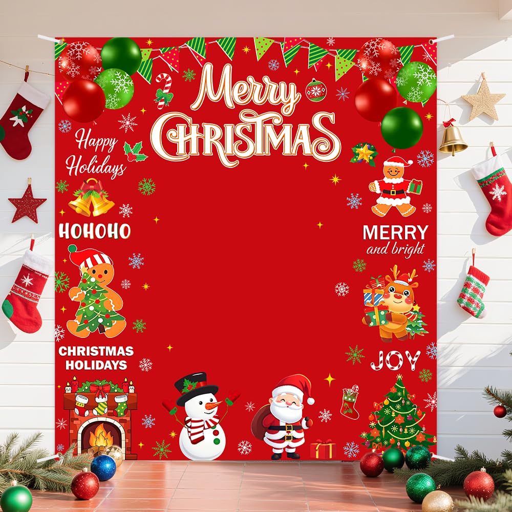 AIBIIN Red Merry Christmas Backdrop Banner for Happy Holiday Christmas Party Decoration, Red Santa Claus Candy Background for Winter Xmas Party Decorations 70.8x78.7 inch
