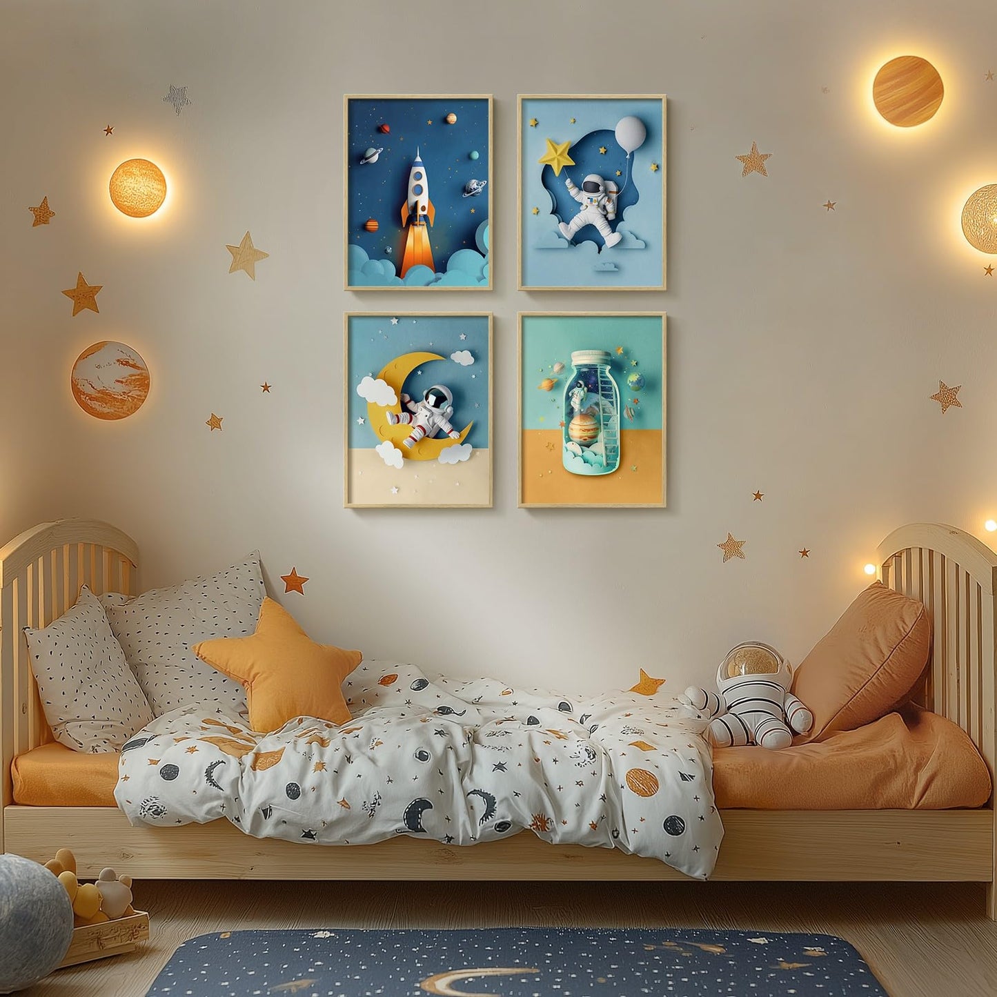 Framed Space Astronaut Cool Wall Art for Nursery Decor, 4 Piece Modern Space Themed Canvas Prints Artwork for Walls, Rocket Pictures for Bedroom, Kids Room, Baby Room, Boys Room, Bathroom Wall Decor