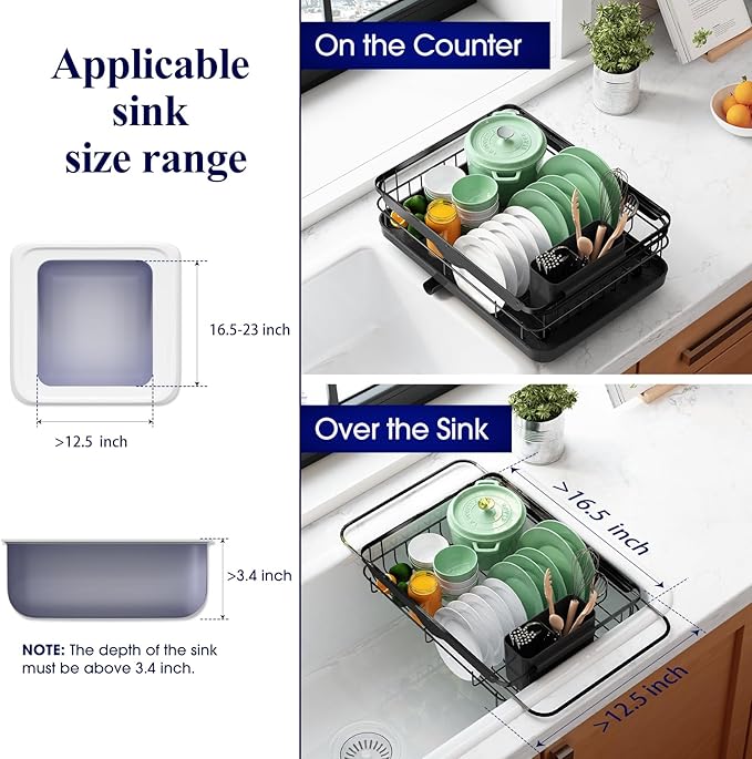 Kitsure Dish Drying Rack for Kitchen Counter, Stainless Steel Sink Organization and Storage Essentials with Cutlery Holder, Home and Appartment Decor, 12.2''W x 15.7''~23''L, Black