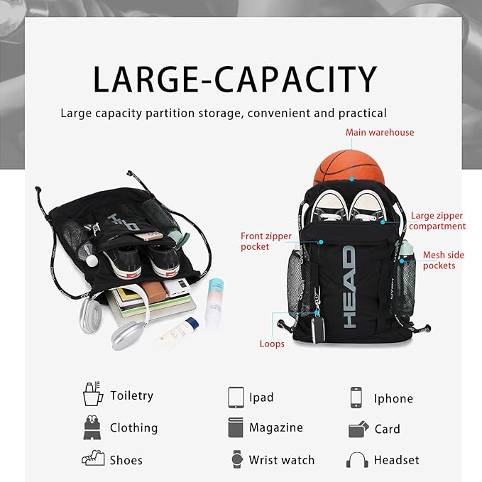 HEAD Waterproof Gym Sackpack for Sport with 2 Zipper Pockets, Large Drawstring Backpacks for Men with Side Pockets for Water Bottle (Blue)