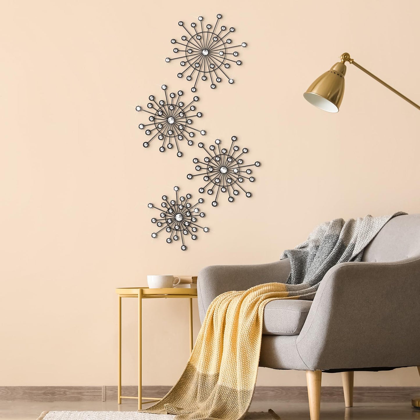 Blulu 4 Pcs Metal Wall Decor Bling Crystal Wall Art Cast Iron Rhinestones Sunburst Decor Starburst Art Hanging Diamond Accents Home Decorative for Living Room Bedroom Entryway(Black)