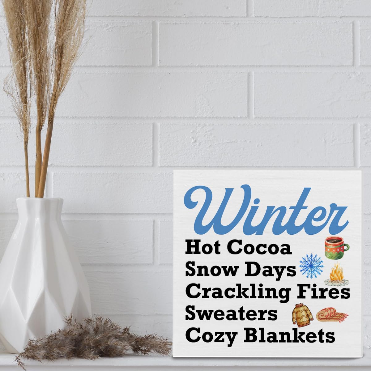 Winter Wooden Block Sign Winter Hot Cocoa Blankets Wooden Box Sign Decor for Home Living Room Kitchen Table Desk Shelf