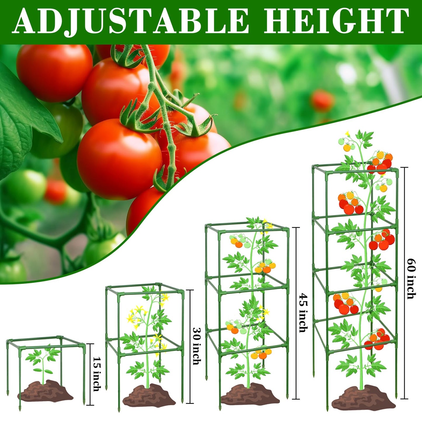 ZeeDix 2 Pack Heavy Duty Tomato Cages for Garden 60 Inches, Square Adjustable Tomato Trellis Cage Climbing Plant Support Trellis Plant Cages for Climbing Vegetables Flowers with 20Pcs Clips