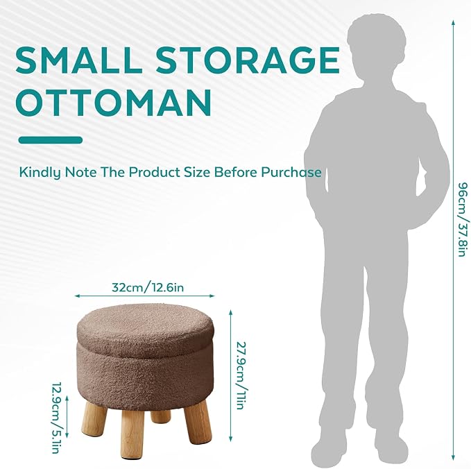 Small Foot Stool Ottoman with Storage, Sherpa Ottoman Foot Rest for Couch, Round Footstool with Storage, Small Ottomans and Footstools for Living Room and Entryway (Brown)