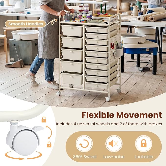 Giantex 15 Drawer Storage Cart, Rolling Craft Cart with Metal Tabletop & Pegboard, Mobile Utility Organizer Trolley with Locking Wheels, Home Office, Ivory