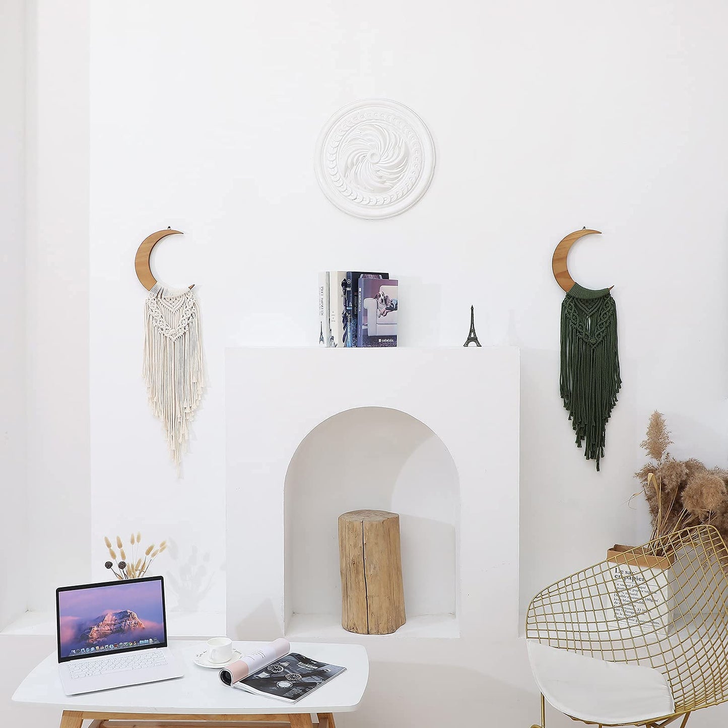 ANROYE Macrame Wall Hanging Boho Moon Decor, Bohemian Crescent Wooden Ornament with Long Tassel, Handmade Unique Wood Tapestry Home Decoration Wall Art Gift for Dorm Bedroom Nursery Living Room