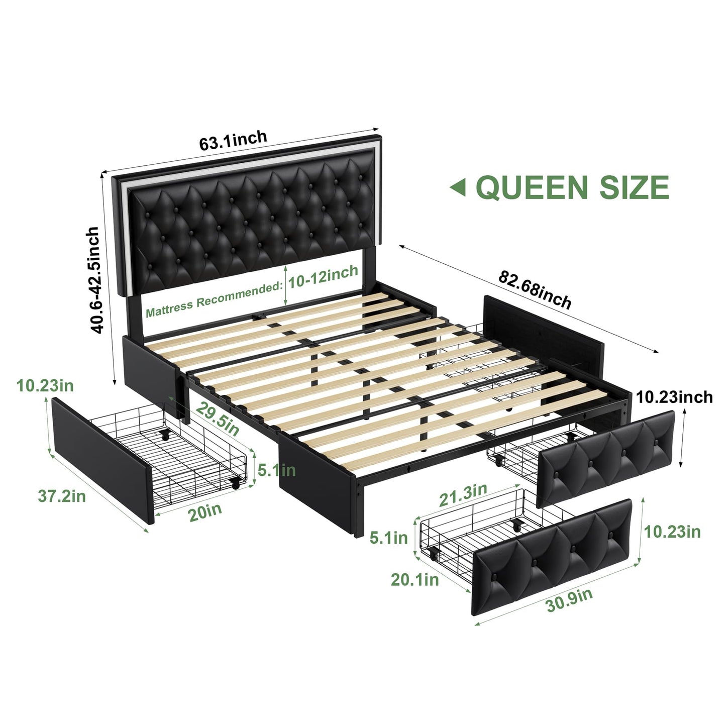 Keyluv Queen Upholstered LED Bed Frame with 4 Drawers, PU Leather Platform Storage Bed with Adjustable Button Tufted Headboard and Solid Wooden Slats Support, No Box Spring Needed, Black