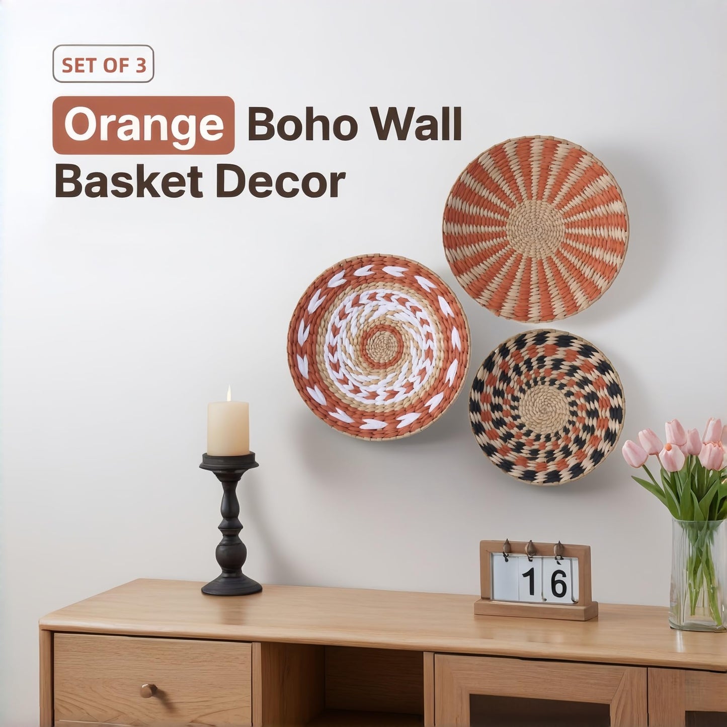 Pwryon Deosur 3PCS Boho Wall Basket Decor – Handmade Bulrush Woven Tray Baskets for Wall Hanging, Rustic Farmhouse Wall Art for Living Room & Bedroom (Orange)