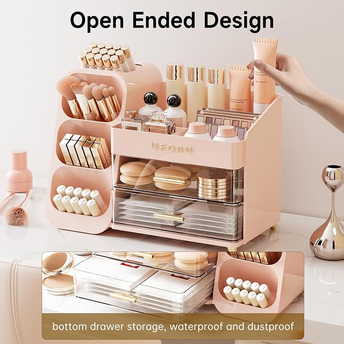 UFORU Makeup Organizer for Vanity with Brush Holder, Large Capacity Bathroom Countertop Skincare Organizer with 2 Drawers, Cosmetic Display Case for Perfumes, Eyeshadow Palettes, Nail Polishes