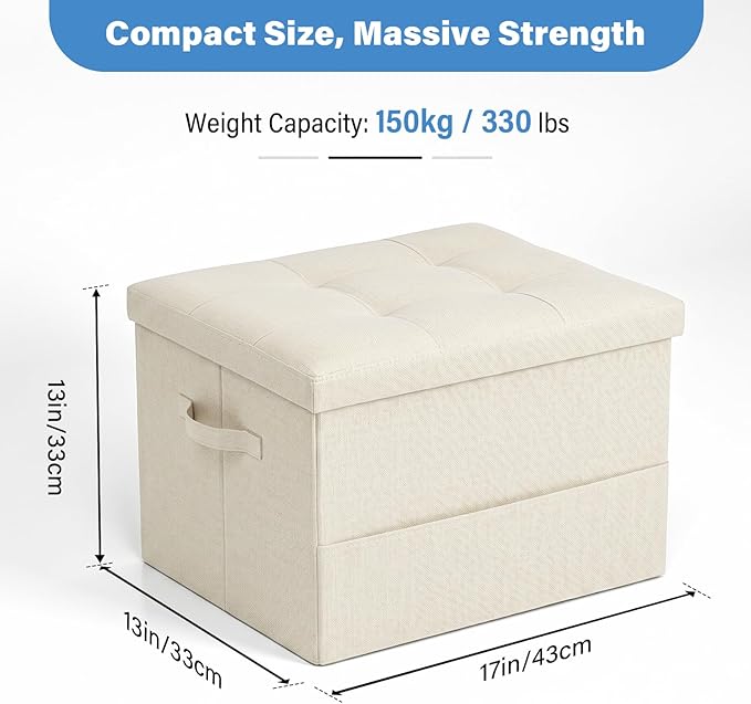 Dayacoco Storage Ottoman Foot Rest Stool, Foldable Foot Rest Stool with Thicker Foam Padded Seat, 43L Small Ottoman with Storage, Holds Up to 350lbs, 17x13x13in, Beige