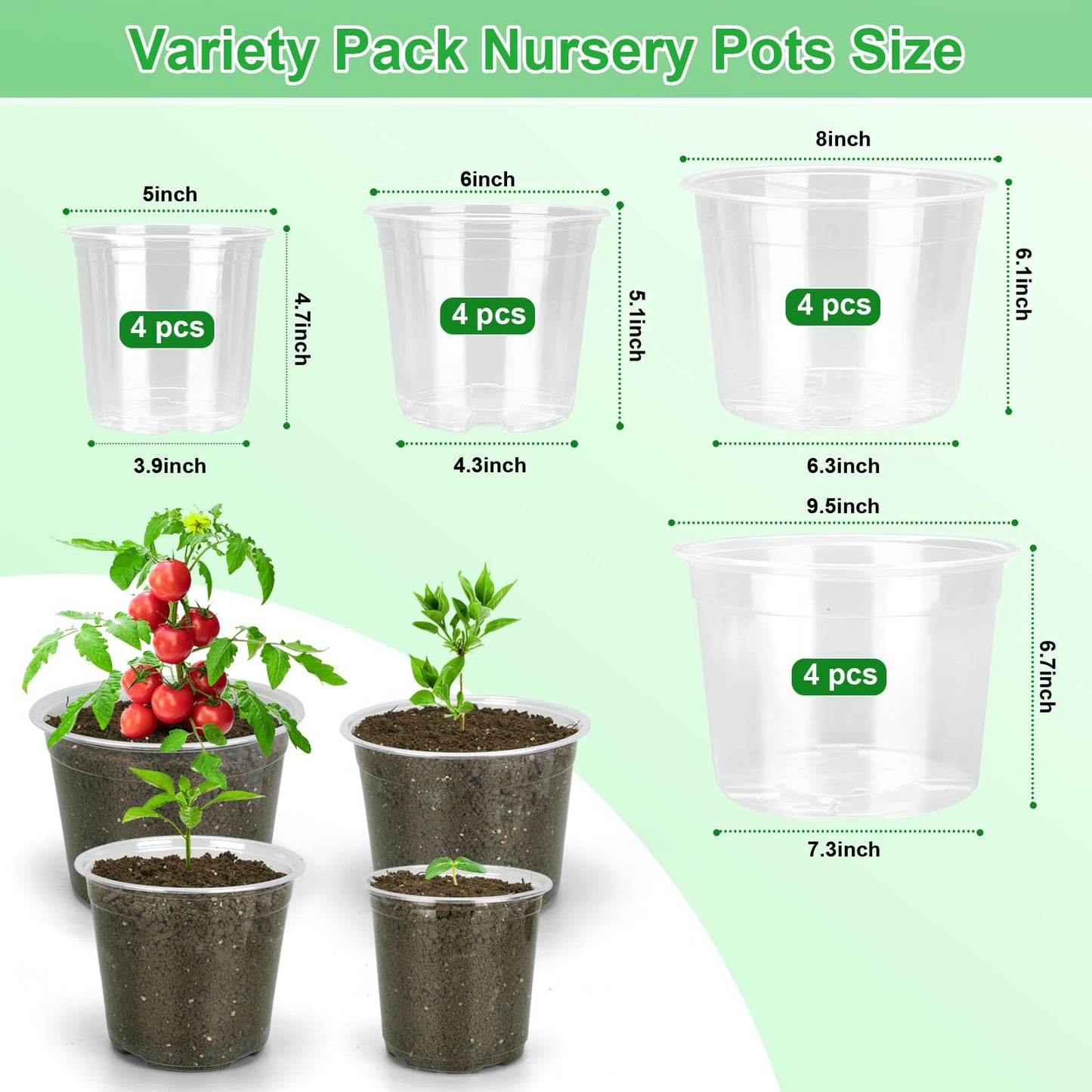 HQAUT 10/8/6/5 Inch Large Clear Nursery Pots with Drainage Holes, 16 Pack Gallon Clear Plastic Pots for Plants, Seedling Starter Pot, Garden Plant Pots for Succulents Flowers
