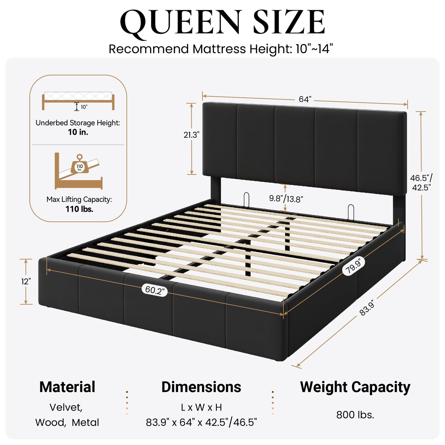 SHA CERLIN Queen Size Lift Up Storage Bed Frame, Adjustable Headboard, Hydraulic Support, Velvet Upholstered, Easy Installation, No Box Spring Needed, Black