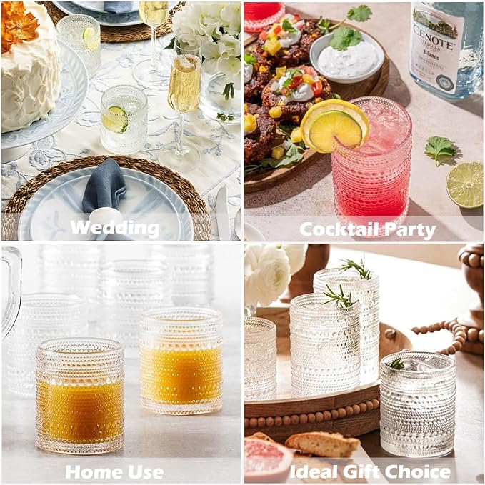 Hobnail Drinking Glasses set of 6 (13 oz), Vintage Glasses Drinking Set Cocktail Glasses, Embossed Glass Cup for Kitchen, Tumbler Glassware Set for Beer, Juice, Cocktail, Whiskey and Milk