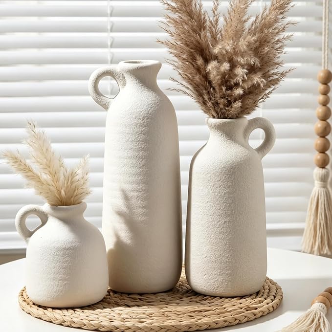 Ceramic Vase Set of 3 with Handle, White Modern Farmhouse Vases for Pampas Grass & Dried Flowers, Flower Vase for Table Living Room Home Decor