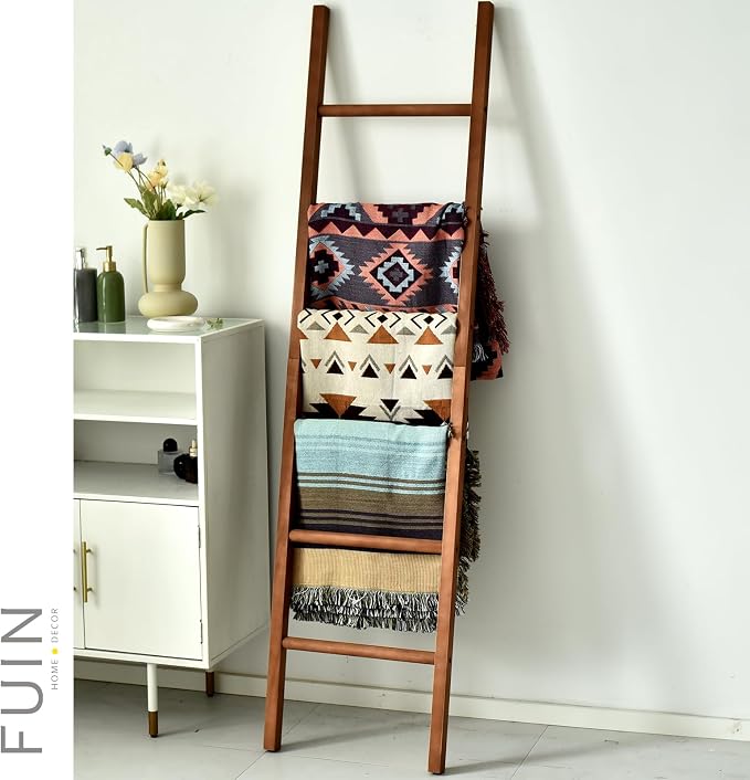 FUIN 6ft Wooden Brown Blanket Ladder Living Room Decorative Wall Leaning Farmhouse Quilt Display Holder Rustic Wood Towel Rack for Bathroom
