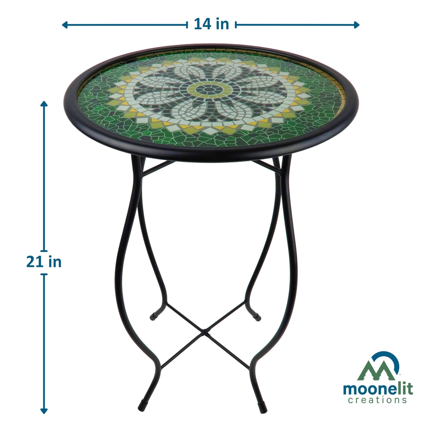 MooneLit Creations Green Mosaic Glass Accent Side Table & Plant Stand – Great Gift, Perfect for Indoor/Outdoor Use, Decorative Metal Pedestal for Patio, Garden & Home Décor