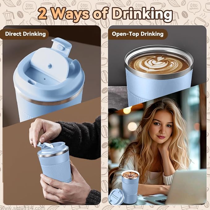 12OZ Travel Coffee Mug Insulated Coffee Cup with Spill Leak Proof Lid, Portable Stainless Steel Tumbler Reusable Hot and Cold Water Mug for Car, Daily, Camping- Light Blue