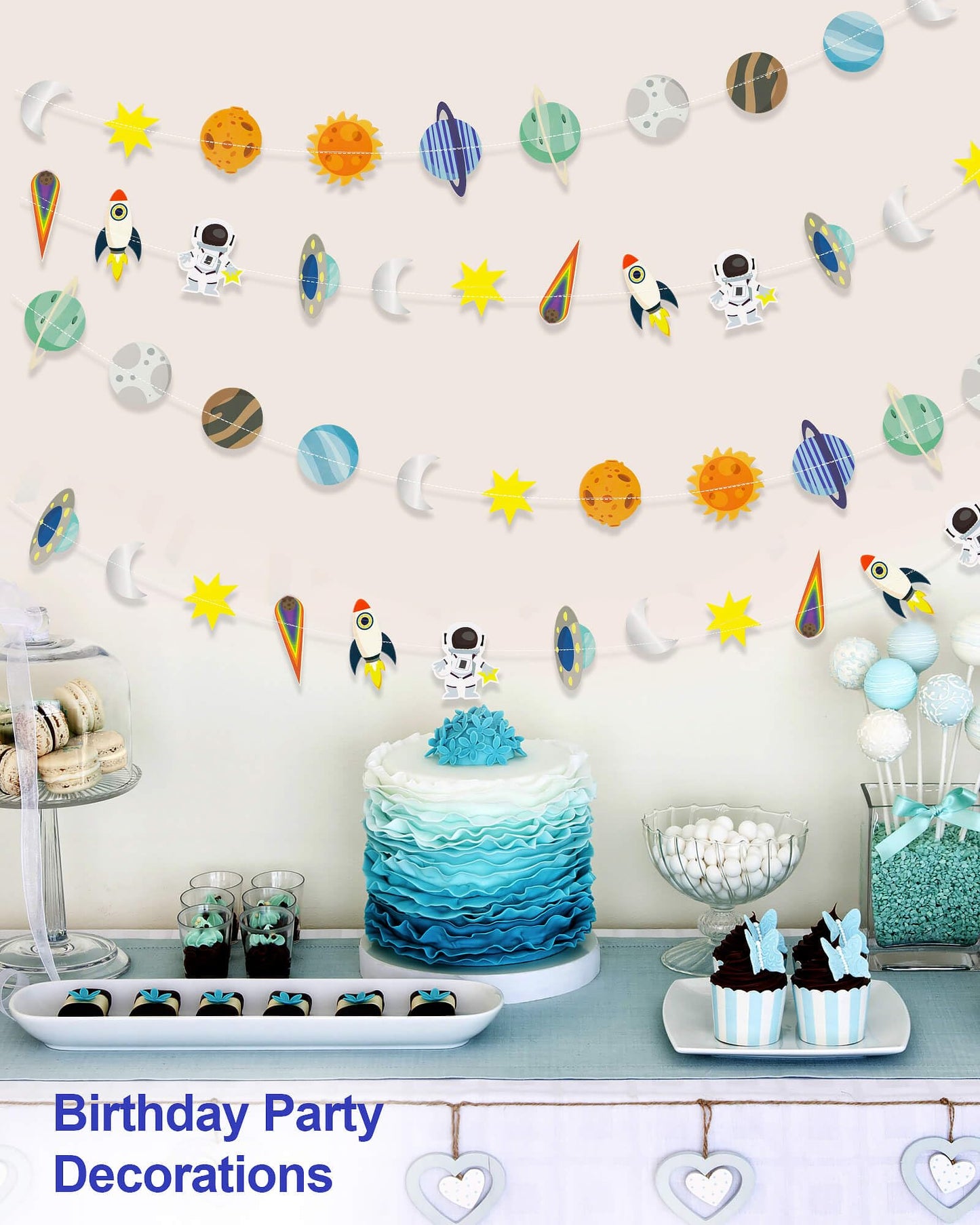 Galaxy Solar System Hanging Paper Garland, Astronauts Rockets Stars Hanging Decoration, Blast Off to Outer Space Banner for Kids Bedroom Birthday Party Decor Supplies