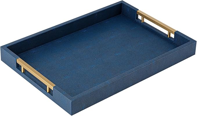 Navy Blue Faux Leather Serving Tray with Handles – Large Decorative Tray for Coffee Table, Ottoman, Living Room, Bathroom – Home Decor