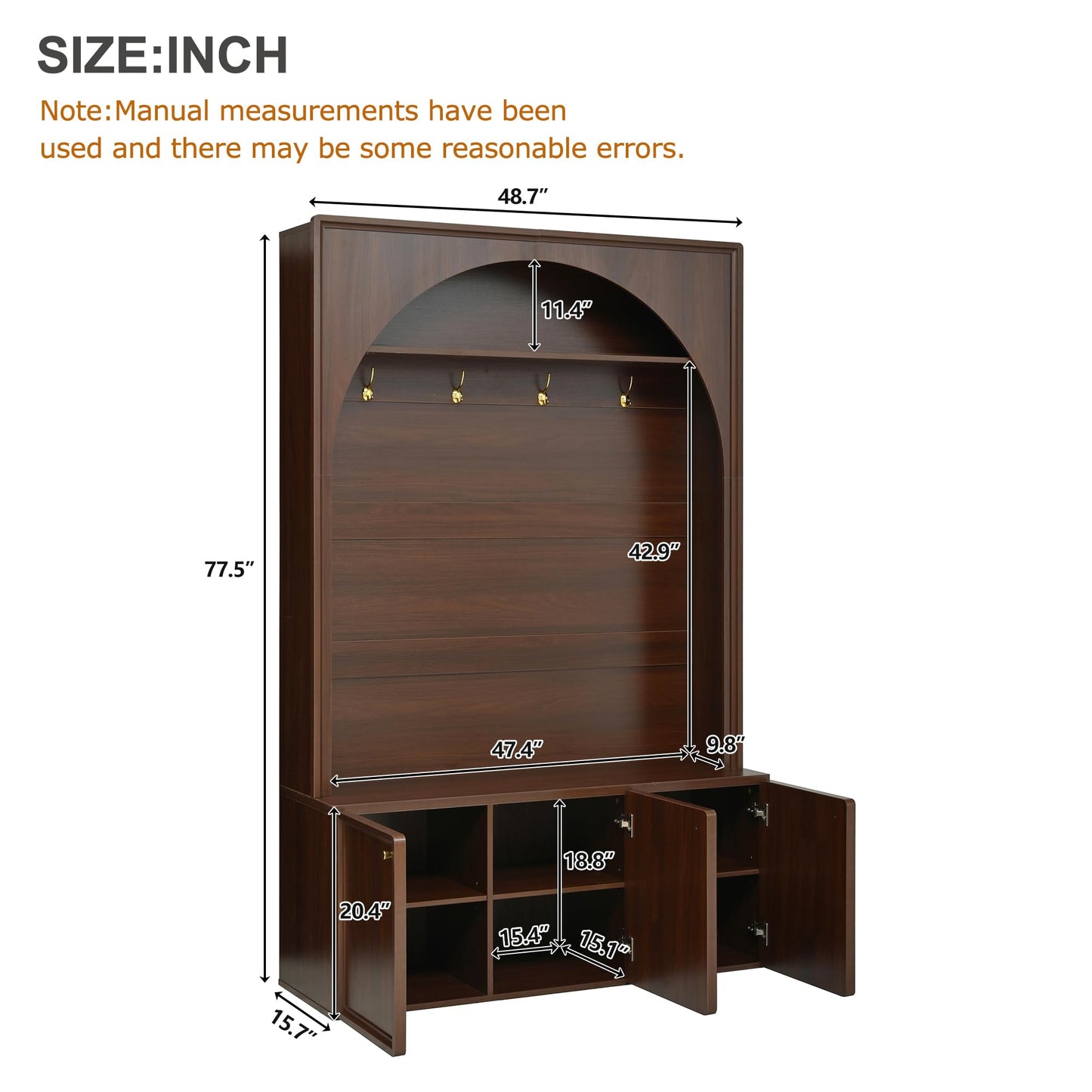 Merax Farmhouse Hall Tree with Bench and 3 Cabinets, 4-in-1 Entryway Coat Rack with 4 Golden Hooks and Top Compartments, 77.5" Retro Arched Entryway Hall Tree for Hallway, Mudroom, Entrance, Walnut