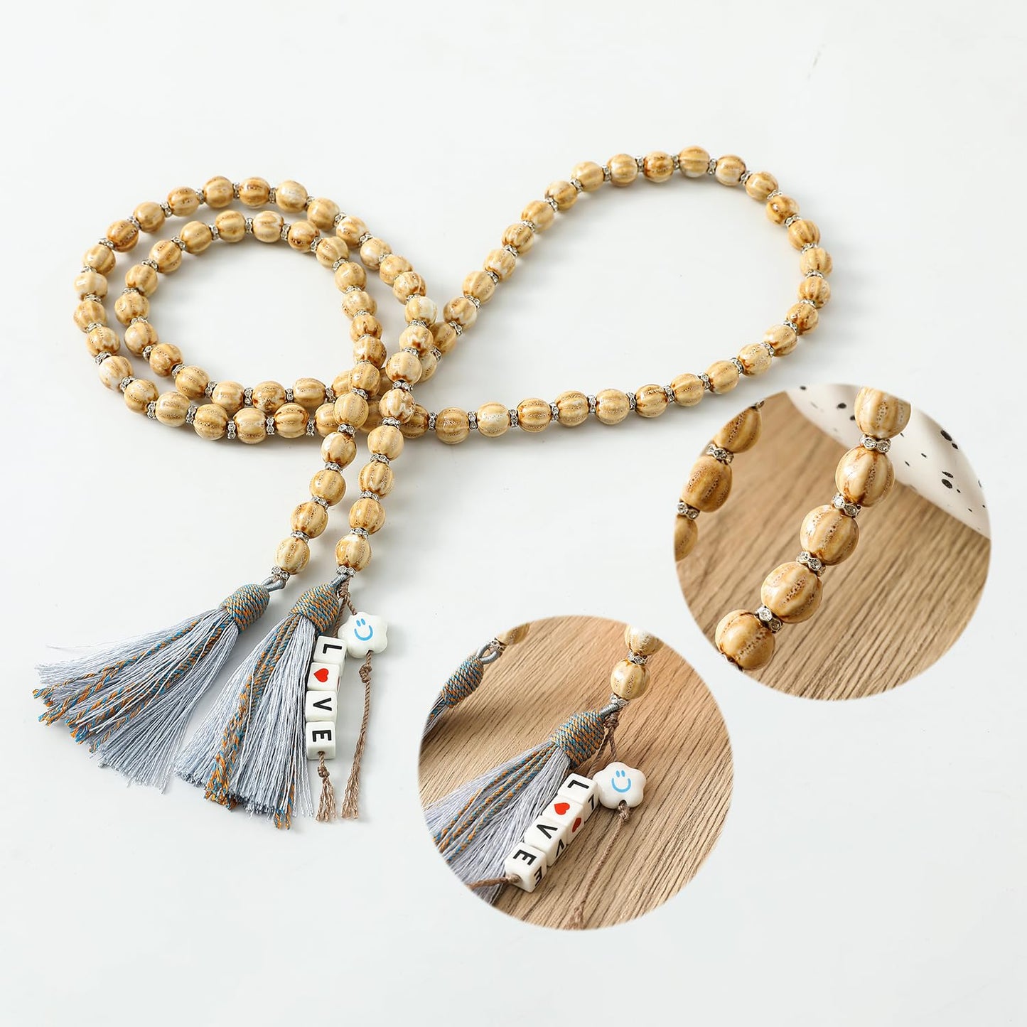 50in Handcrafted Ceramics Beads Garland with Tassels Farmhouse Rustic Ceramic Prayer Bead String Wall Hanging Accent for Boho Home Festival Decor Beige Bead