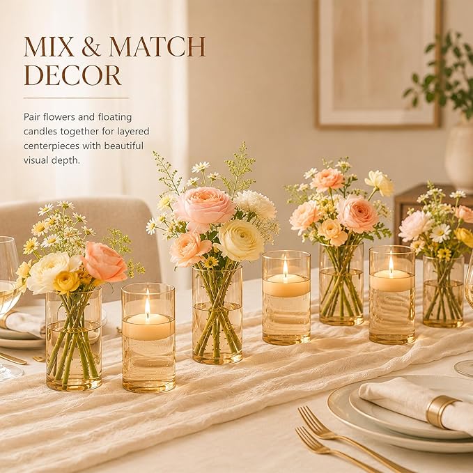 TBWIND 12pcs Gold Amber Glass Cylinder Vases for Centerpieces, 6 Inch Bulk Flower Vases for Wedding Decorations, Hurricane Candle Holder for Floating Candles and Table Home Decor