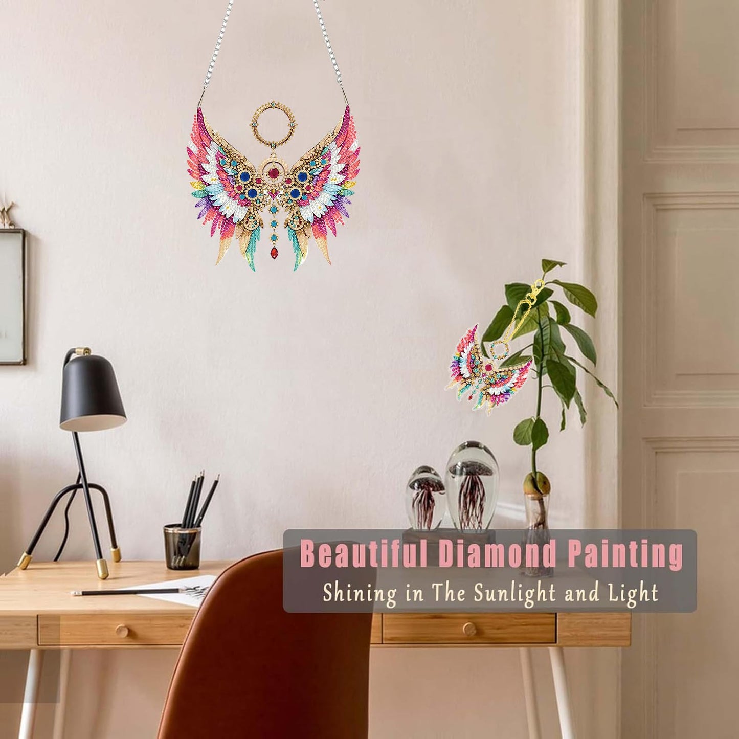 Masendp Wing Feather Diamond Painting Double-Sided Hanging Ornament Set, DIY Irregular Shaped Rhinestone Window Decoration Set, Suitable for Home and Garden Wall Decoration Gifts