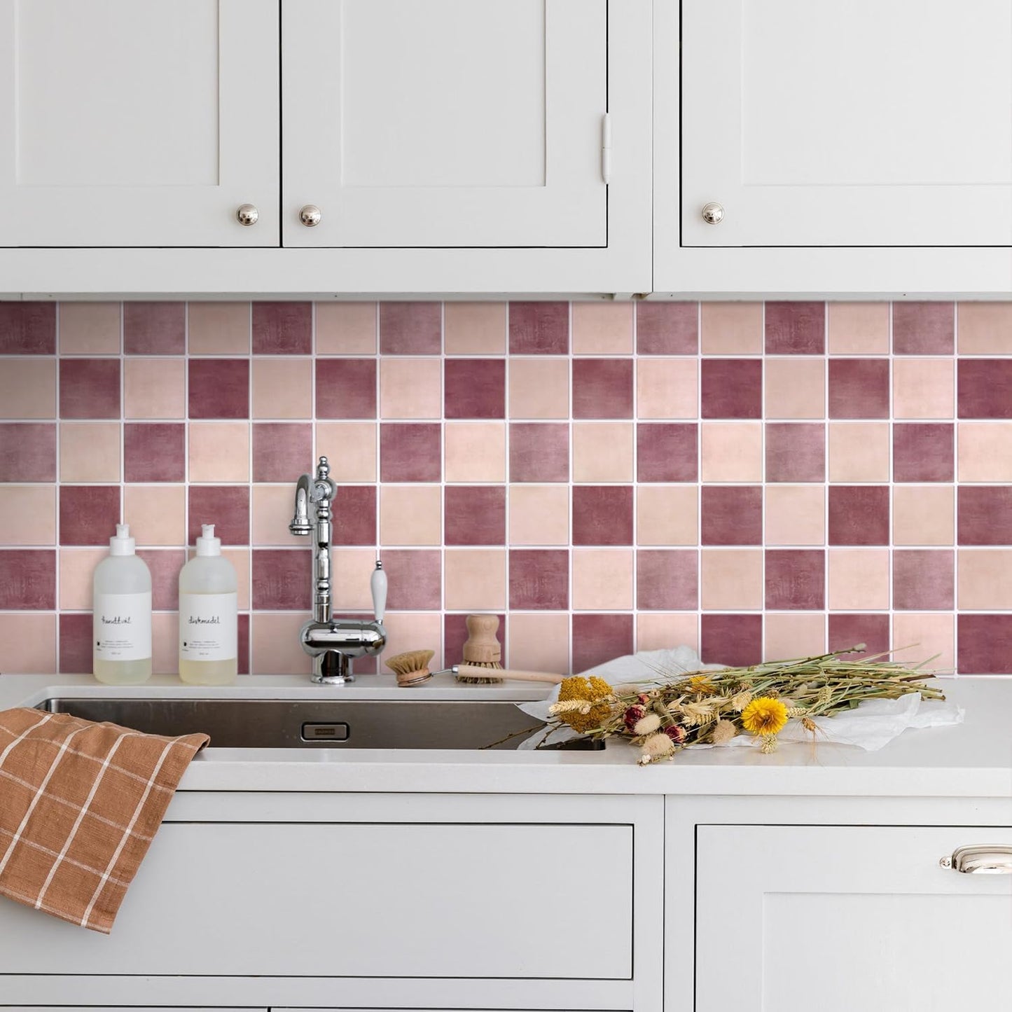 Commomy 10 Pcs Matte 3D Peel and Stick Tile 11.8"x11.8" Ultralight PVC Square Peel and Stick Backsplash for Kitchen Stick on Tiles for Bathroom,Living Room,Fireplace,Interior Wall Decor,Dusty Rose