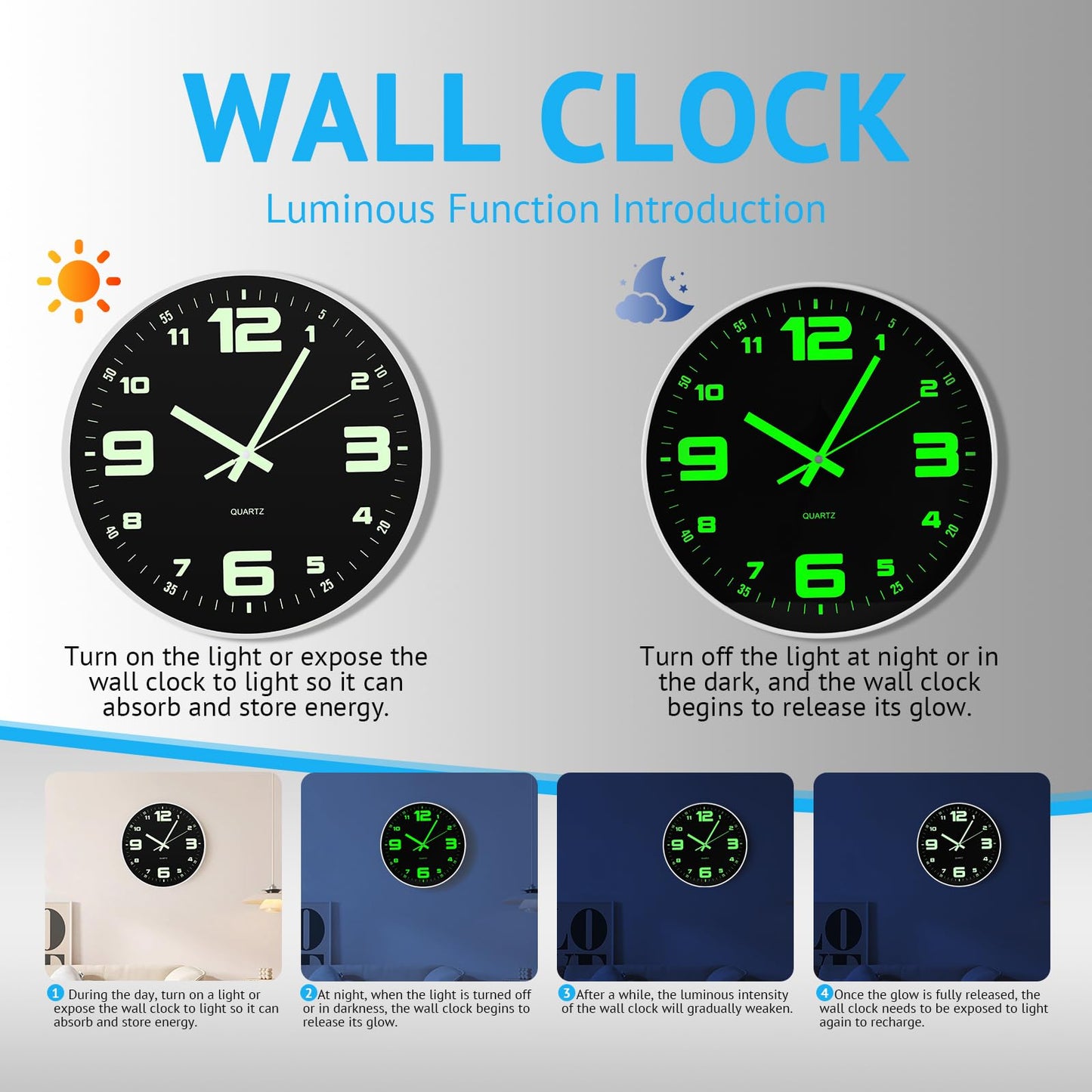 GadEdgen 12 inch Wall Clock Silent Wall Clocks Glow in The Dark Clocks Analog Battery Operated Night Light Clock Up Neon Modern Wall Clocks for Living Room, Bedroom, Kitchen, Bathroom, Home Decor