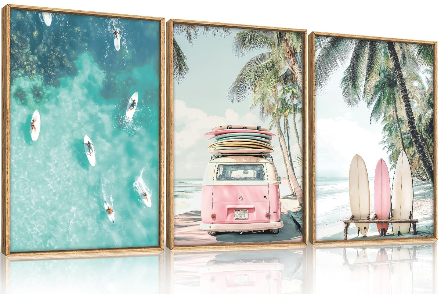 HOURIA Summer Surfboard Beach Framed Canvas Wall Art Set,Modern Ocean Surfing Seascape Wall Decor,Coastal Bus Coconut Tree Wall Painting,Nature Botanical Art Prints for Living Room, Bedroom-16 x24 x3