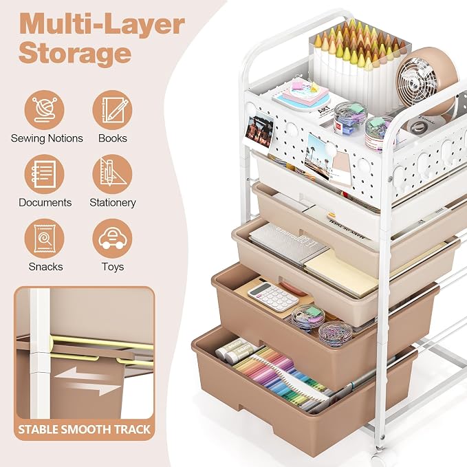 5 Drawer Rolling Storage Cart with Pegboard Top and Hooks, Mobile Organizer Cart with Wheels for Office Supplies, Craft Storage, Classroom Organization, Home Utility Cart, Brown