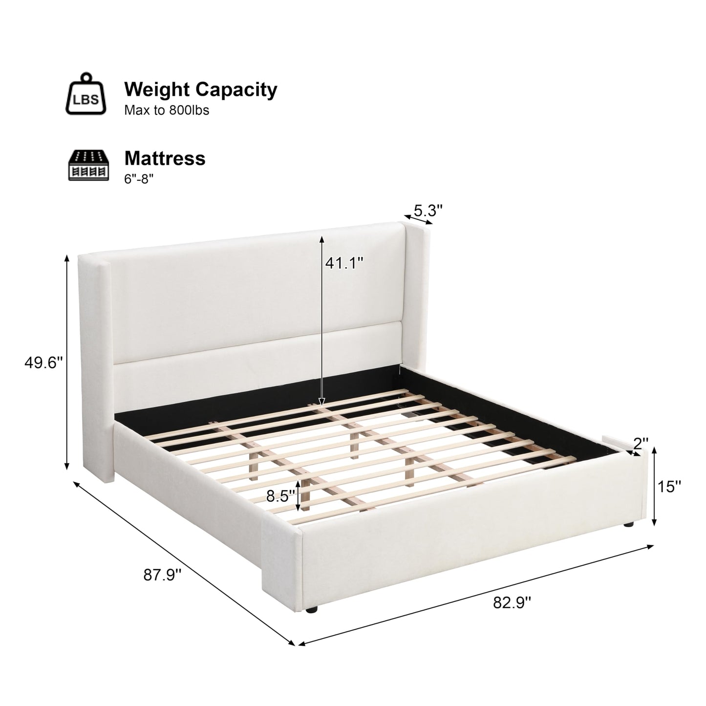Merax King Size Bed Frame, Elegant White Upholstered Platform Bed with 41.1" Tall Wingback Headboard for Bedroom, Solid Wood Slats Support, No Box Spring Needed, Easy Assembly