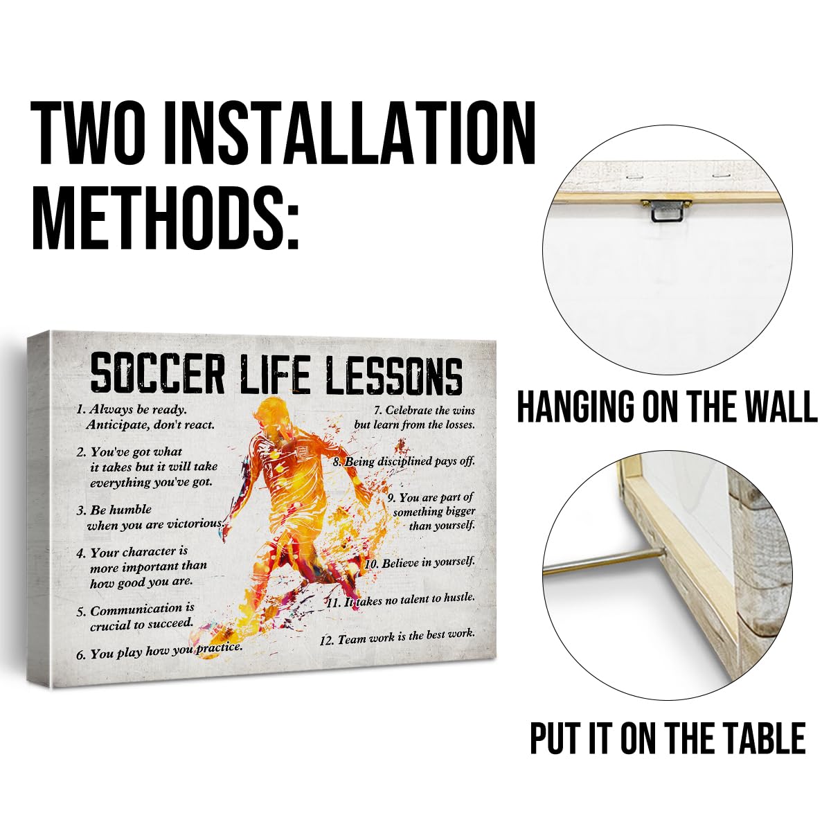 Hijie Soccer Poster Canvas Wall Art Home Decor, Soccer Life Lessons Inspirational Canvas Print Painting Ready to Hang, Soccer Gifts for Men - Easel & Hanging Hook 12x15 Inch
