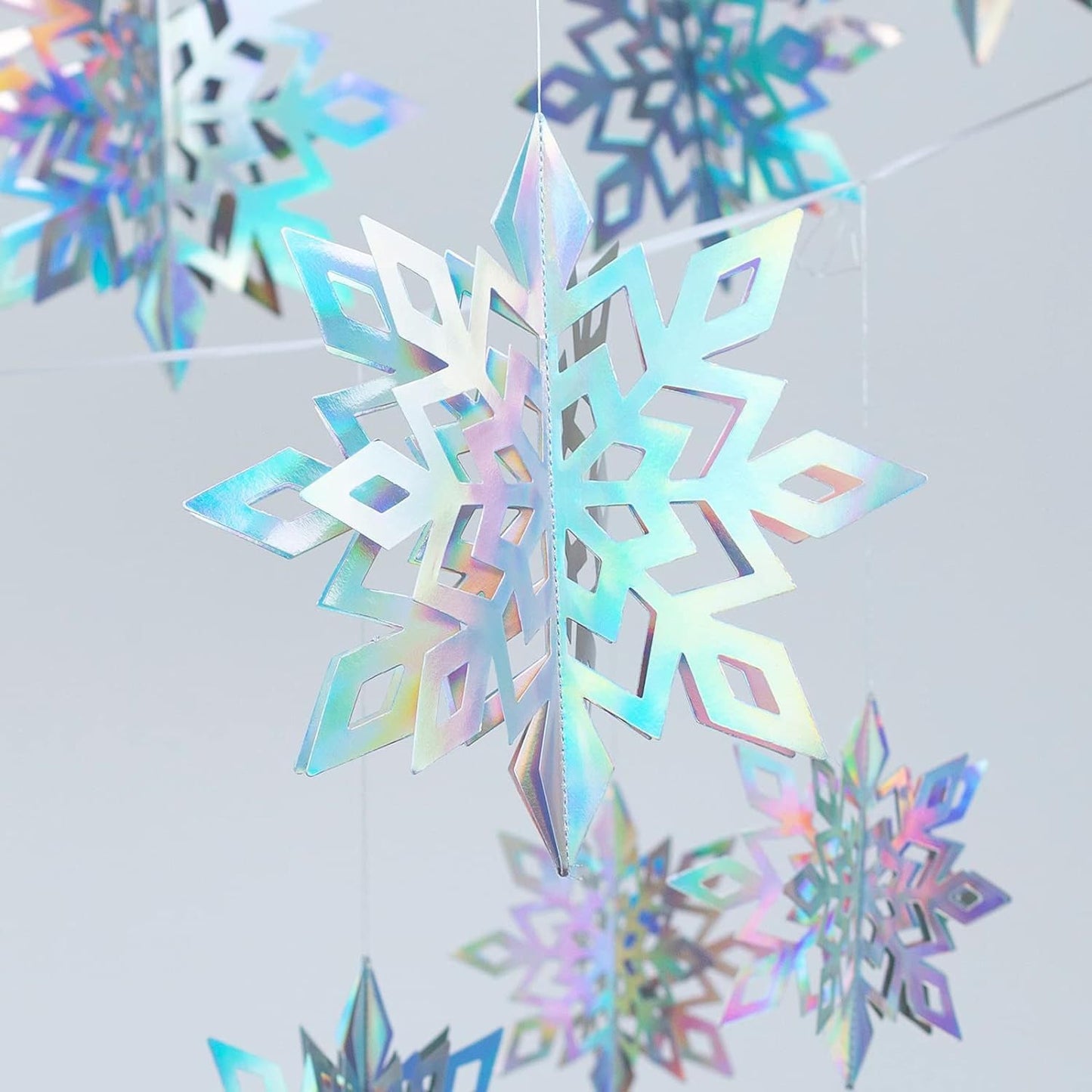 YsesoAi Winter Christmas Hanging Snowflake Decorations 15Pcs, 3D Iridescent Paper Snowflakes Rainbow Snow Flakes Garland for Winter Wonderland Holiday Frozen Christmas Birthday Party Home Decorations