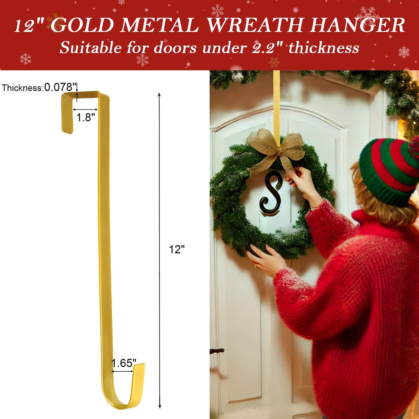 12" Metal Wreath Hanger for Front Door, Tools-Free Wreath Hanger Heavy Duty, Over-the-Door Hooks for Hanging Welcome Sign, Wreath Holder for Easter, Halloween, Fall, Christmas Decorations(Gold)