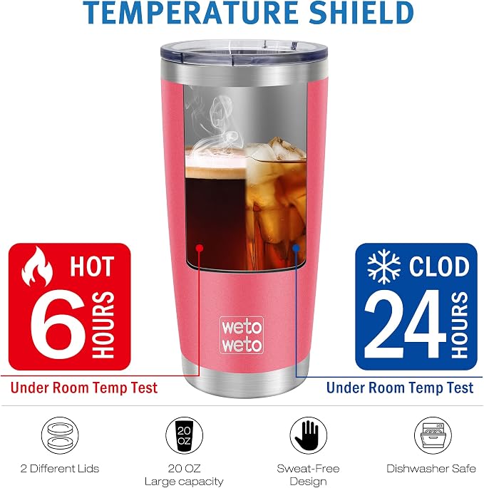WETOWETO 20oz Tumbler with 2 lids and 2 straws, Stainless Steel Vacuum Insulated Water Coffee Tumbler Cup, Double Wall Powder Coated Spill-Proof Travel Mug Thermal Cup (Watermelon Red, 1 Pack)