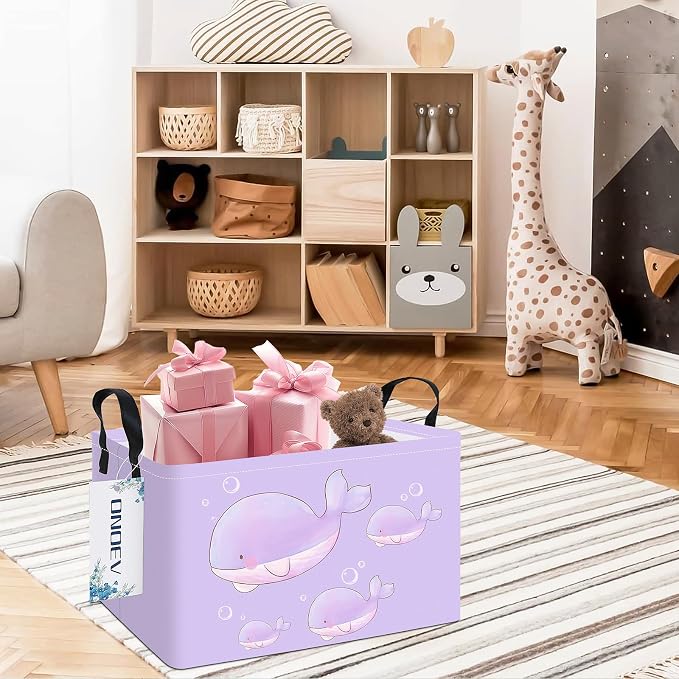 Rectangular Purple Whale Pattern Storage Bin, Decorative Canvas Laundry Basket with Dual Handles, Foldable Household Toy Organizer, Multipurpose Party Gift Basket for Bedroom Dorm