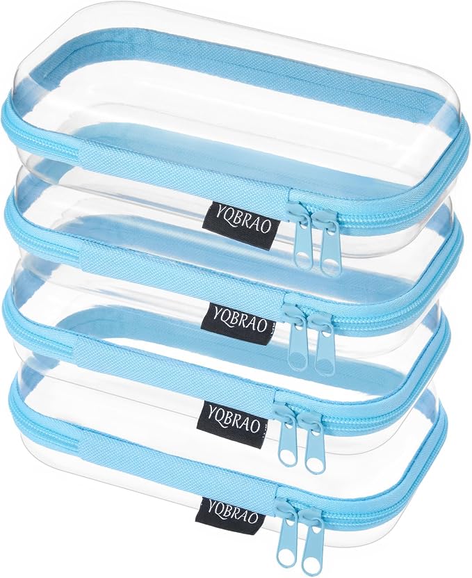 YQBRAO 4-Pack Clear Hard Shell Zipper Case, 1.2mm Ultra-Thick Diaper Bag Organizer Pouches, Rigid Self-Standing Travel Makeup Bags with YKK Zippers, TSA Approved, Blue