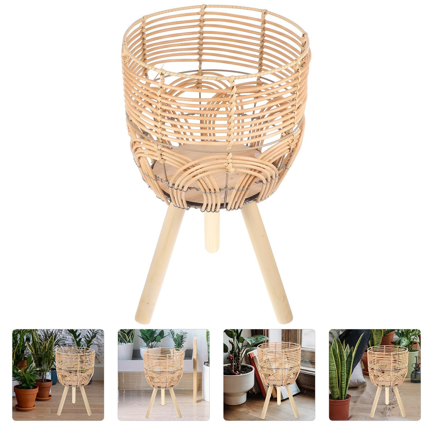 BESTonZON Woven Plant Stand with Flower Basket Indoor Outdoor Plant Pot Rack for Living Room Balcony Medium Size Natural Fiber Holder