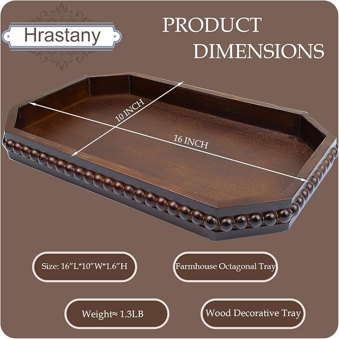 Hrastany Retro Brown Wood Serving Tray with Beads, Farmhouse Decorative Tray for Table Centerpiece, Christmas Wedding Halloween Home Decor