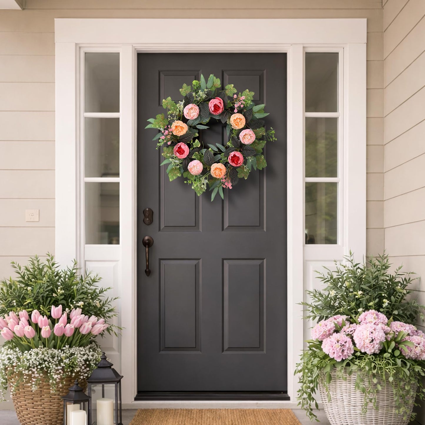 20" Peony Wreath for Front Door – Spring Summer Artificial Pink Peony Floral Wreath for Wall, Window, and Wedding Decor