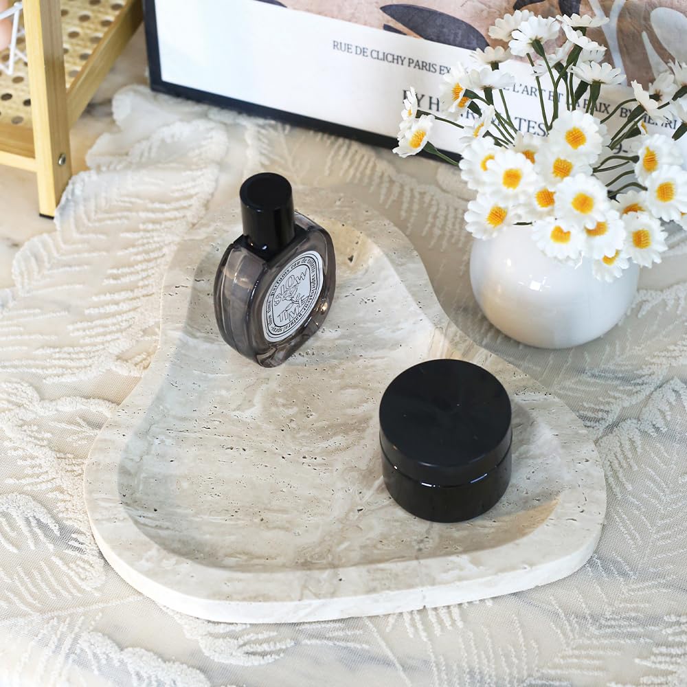 Yfstone Natural Marble Oval Jewelry Dish, Trinket Tray for Ring & Earring Holder, Vanity/Nightstand Decor with Unique Natural Veins, Gift for Women/Mom/Daughter