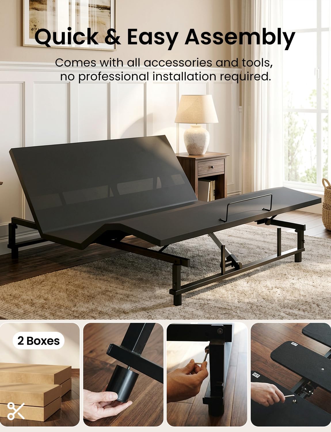 Feetice King Size Adjustable Bed Frame with Wireless Remote, Zero Gravity & Head & Foot Incline, Heavy-Duty Steel Frame, Whisper-Quiet Motor, Easy Installation (79" L x 74" W x 12.72" H), Black