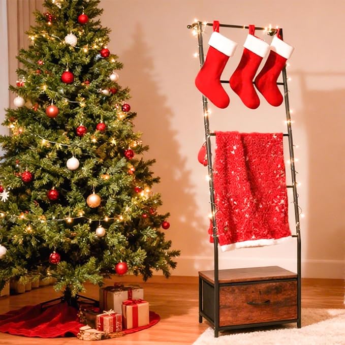 Metal Blanket Ladder with Storage Drawer, 5 Tier Black Blanket Ladders for the Living Room with Hooks, 5.2ft Wall Leaning Quilt Ladder for Blankets, Towels & Throws, Farmhouse Decor