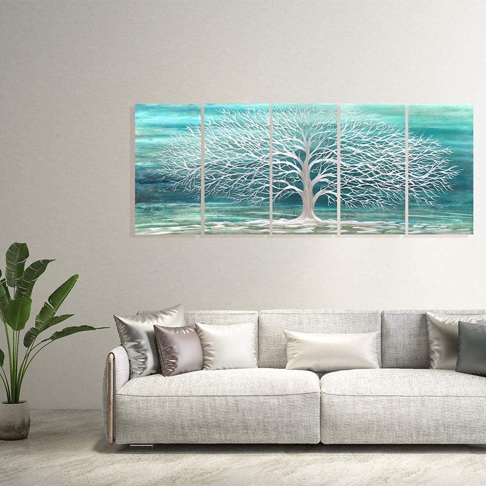 RICHSPACE ARTS Blue Green Metal Wall Art Silver Tree of Life 3d Artwork Extra Large Teal Sculpture Decor on Aluminum for Bedroom Living Room Kitchen Room Dining Room Walls Set of 5 Panels
